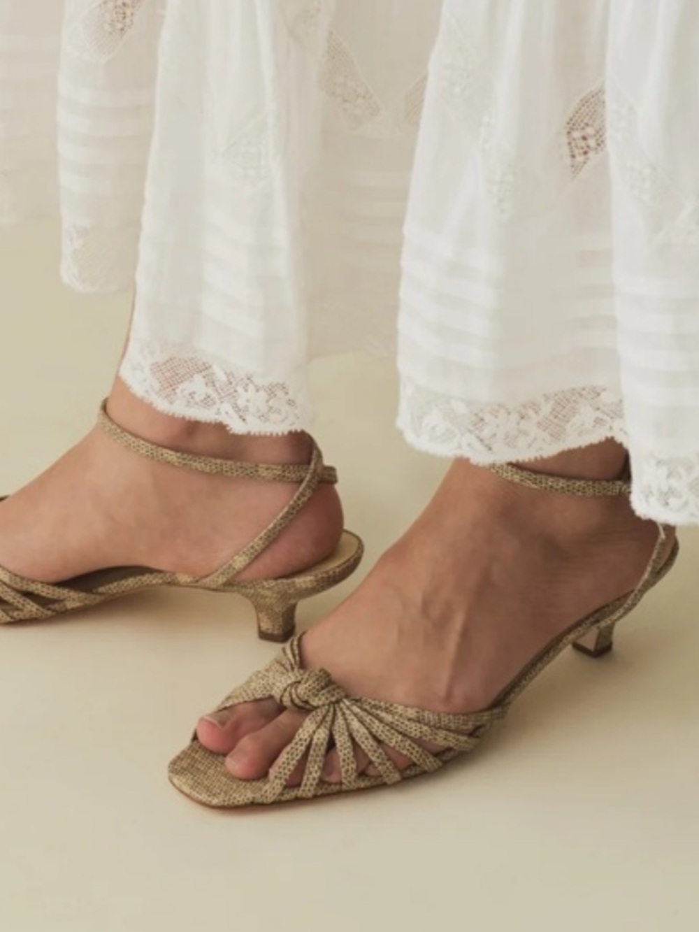 Doen Hepburn Knotted Ankle-Strap Heels in Metallic Gold size 39/8.5